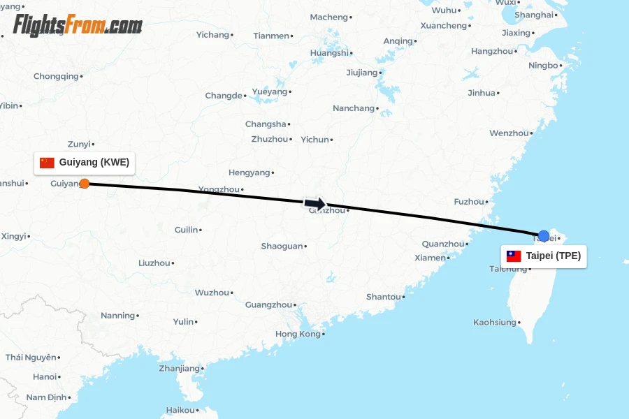 Flights from Guiyang to Taipei route map