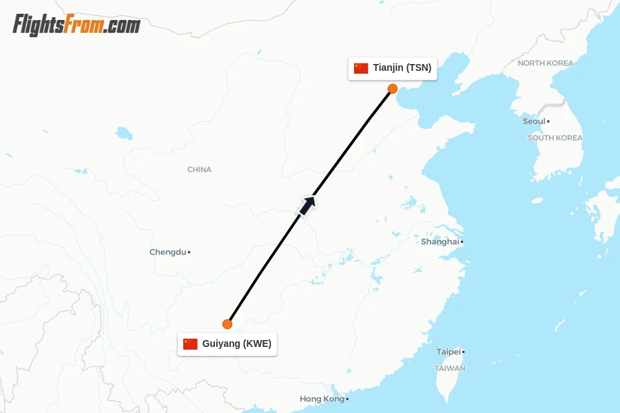 Flights from Guiyang to Tianjin route map