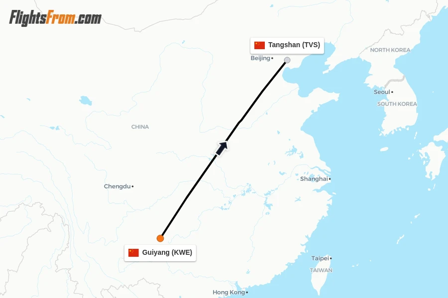 Flights from Guiyang to Tangshan route map