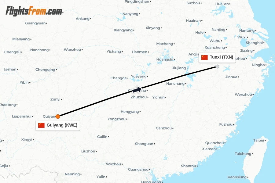 Flights from Guiyang to Tunxi route map