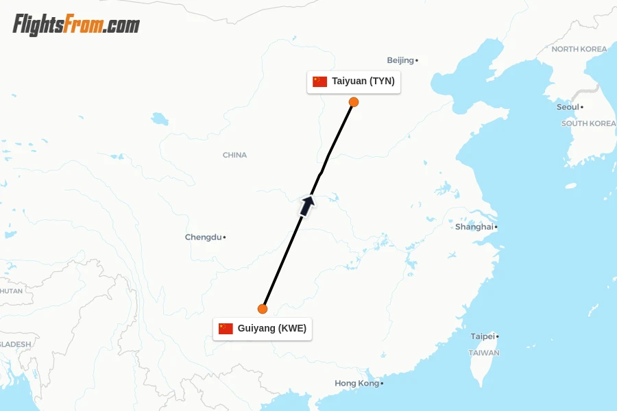 Flights from Guiyang to Taiyuan route map