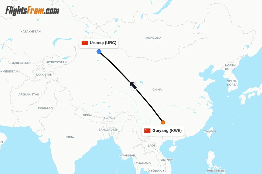 Flights from Guiyang to Urumqi route map