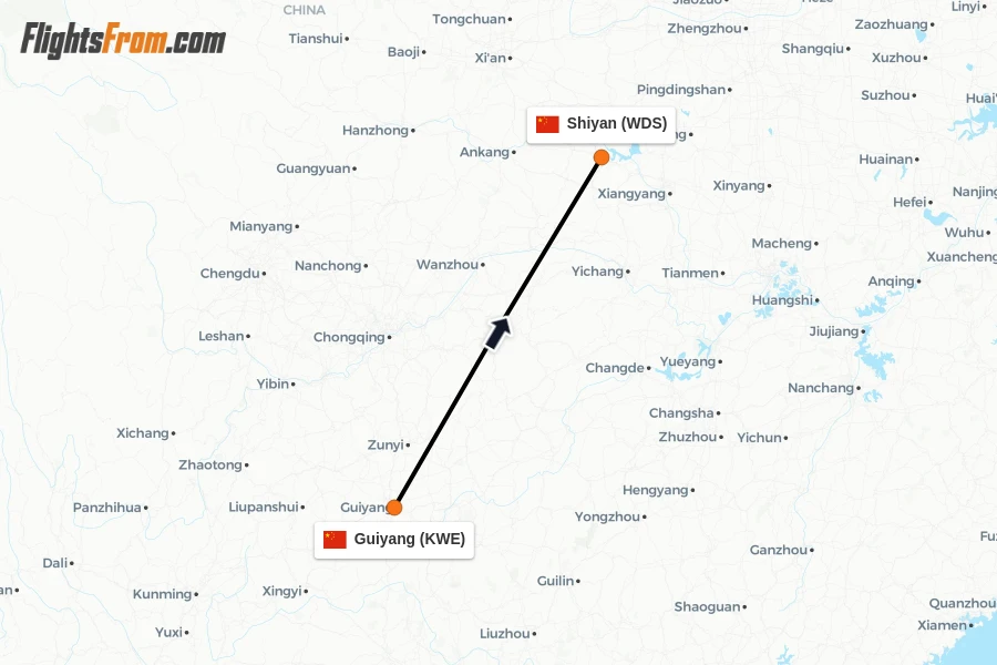 Flights from Guiyang to Shiyan route map