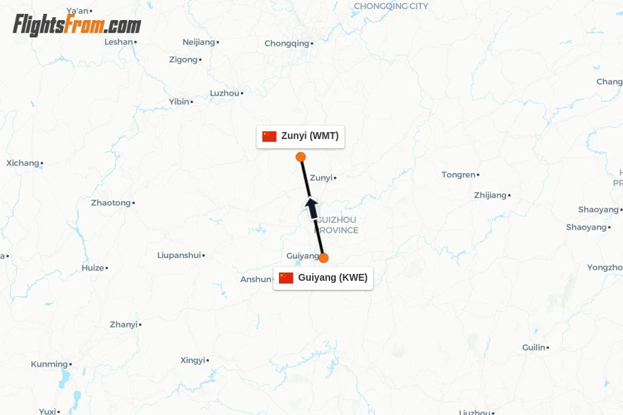 Flights from Guiyang to Zunyi route map