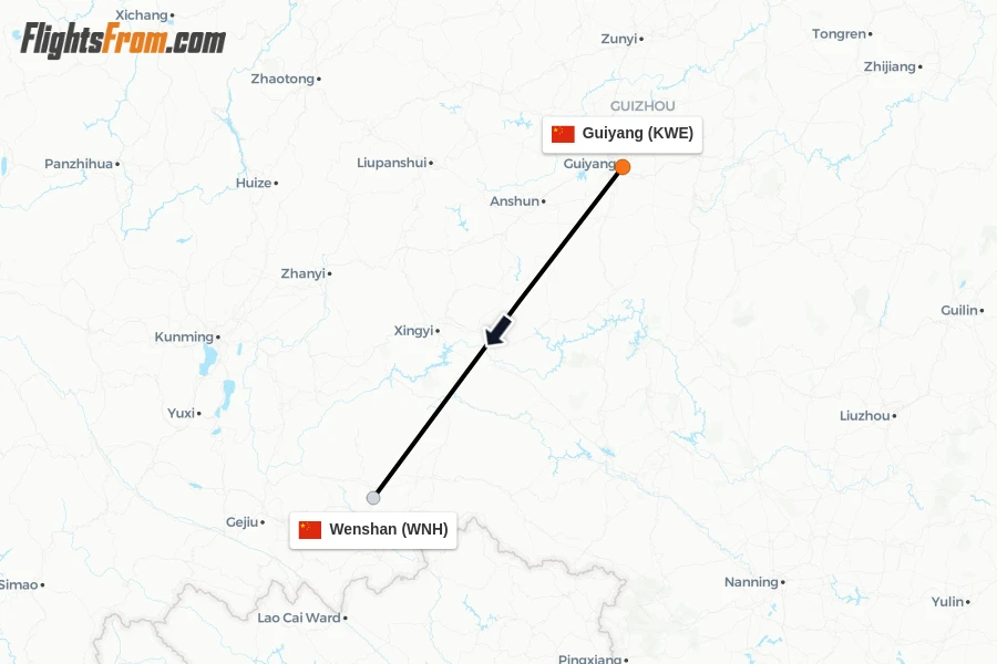 Flights from Guiyang to Wenshan route map