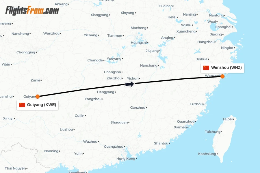 Flights from Guiyang to Wenzhou route map