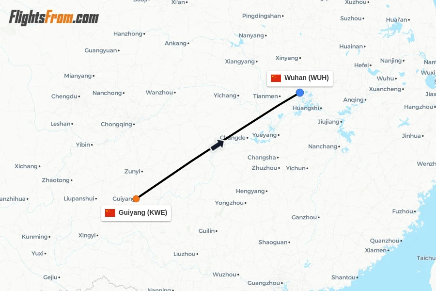 Flights from Guiyang to Wuhan route map