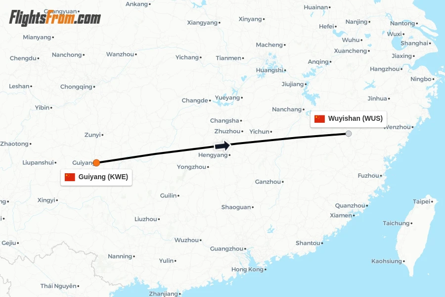 Flights from Guiyang to Wuyishan route map
