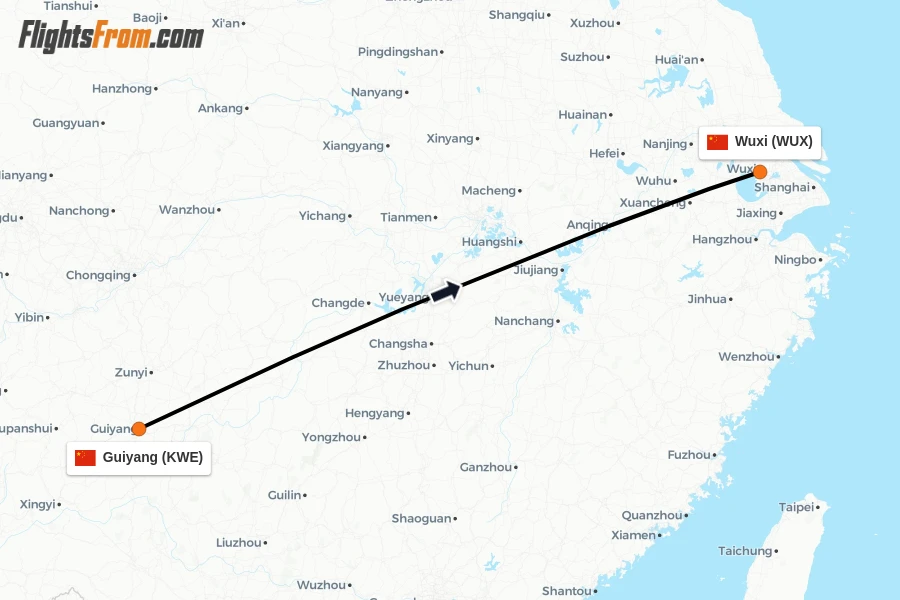Flights from Guiyang to Wuxi route map