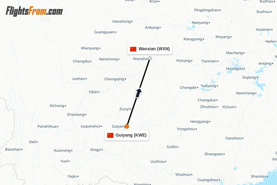Flights from Guiyang to Wanxian route map