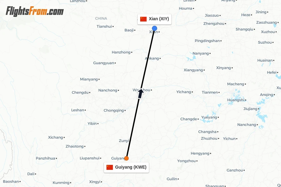 Flights from Guiyang to Xian route map