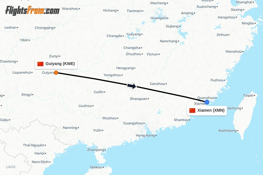 Flights from Guiyang to Xiamen route map