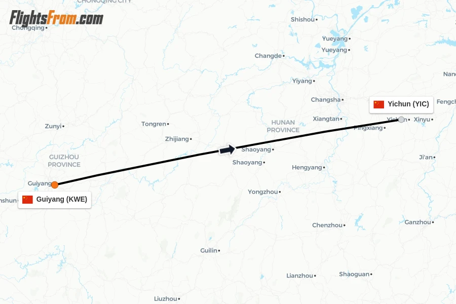 Flights from Guiyang to Yichun route map