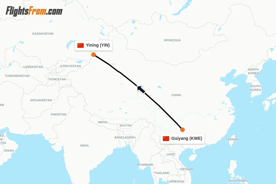 Flights from Guiyang to Yining route map