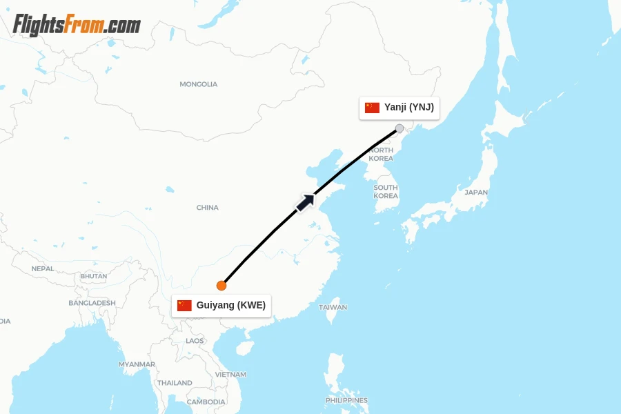 Flights from Guiyang to Yanji route map