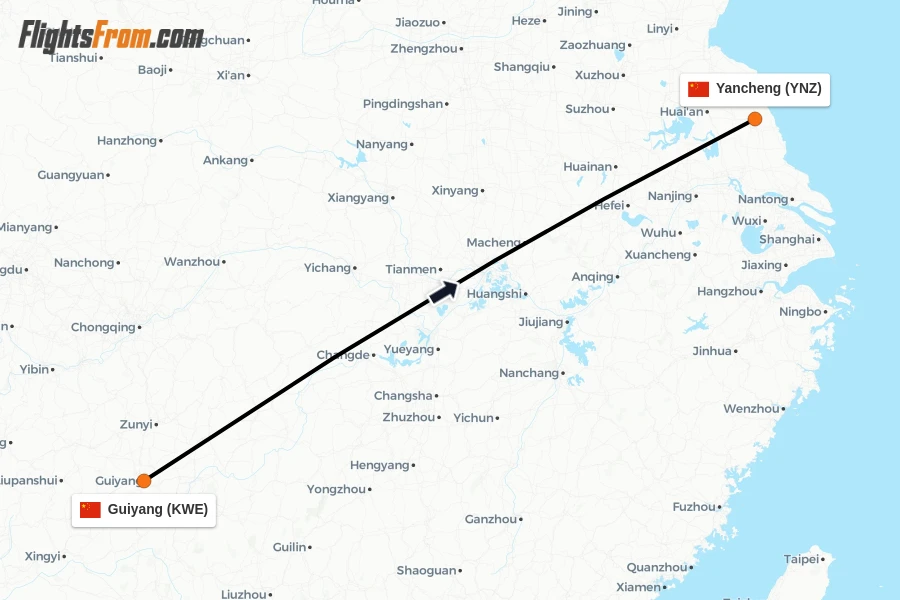 Flights from Guiyang to Yancheng route map