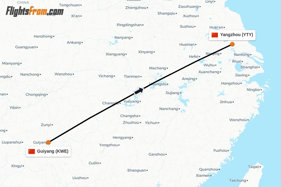 Flights from Guiyang to Yangzhou route map
