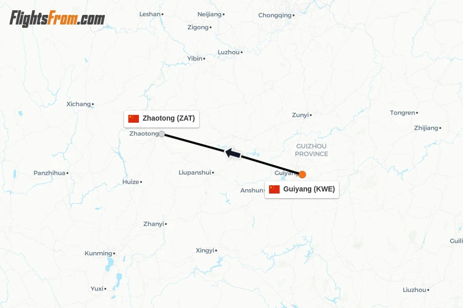 Flights from Guiyang to Zhaotong route map