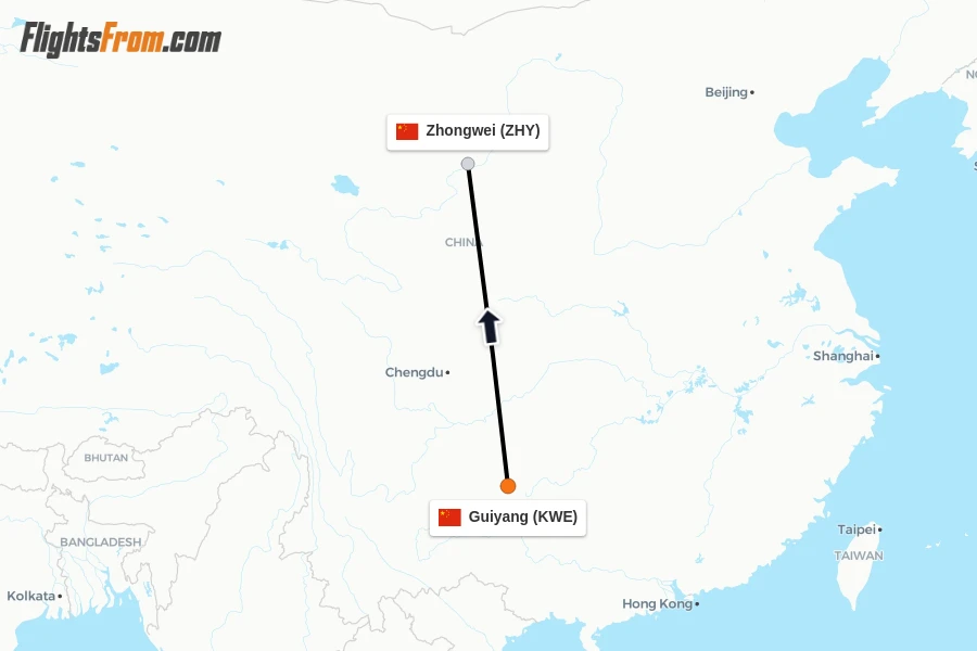 Flights from Guiyang to Zhongwei route map