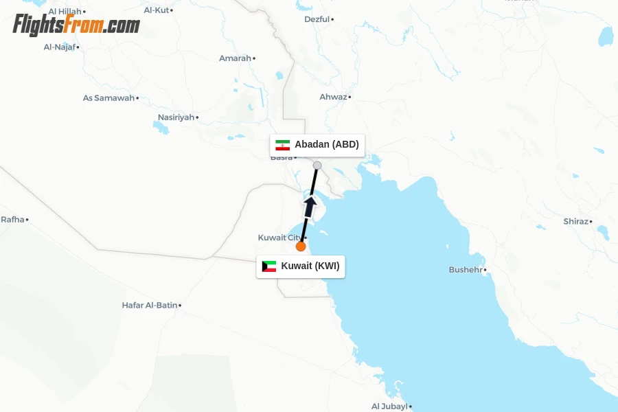Flights from Kuwait to Abadan route map