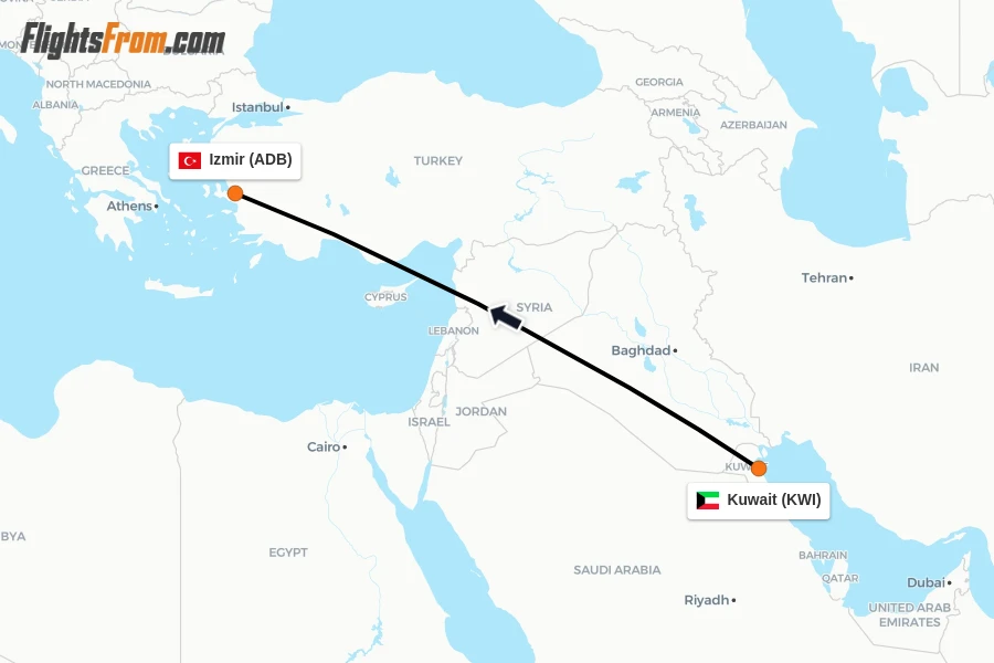 Flights from Kuwait to Izmir route map