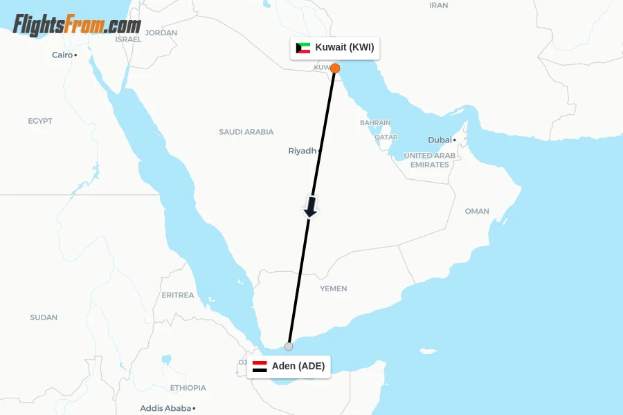 Flights from Kuwait to Aden route map