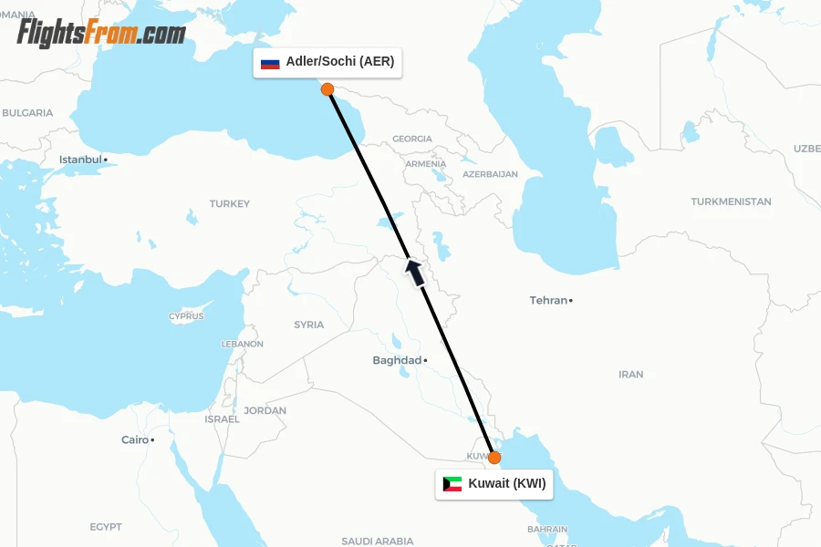 Flights from Kuwait to Adler/Sochi route map