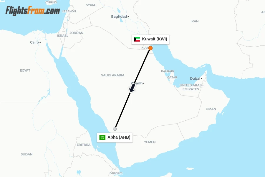 Flights from Kuwait to Abha route map