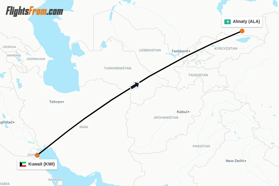 Flights from Kuwait to Almaty route map