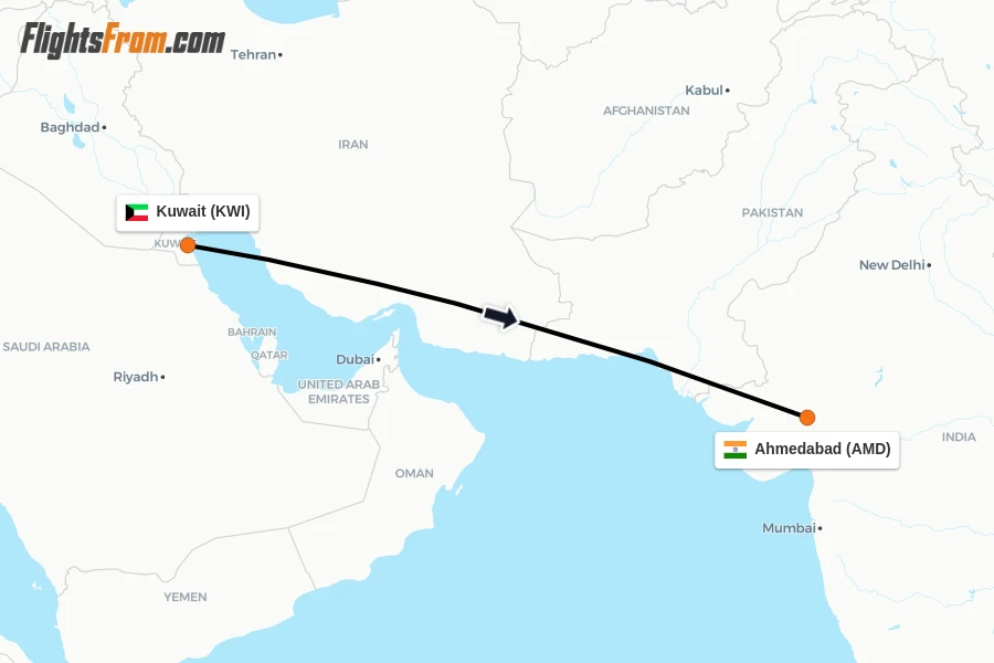 Flights from Kuwait to Ahmedabad route map