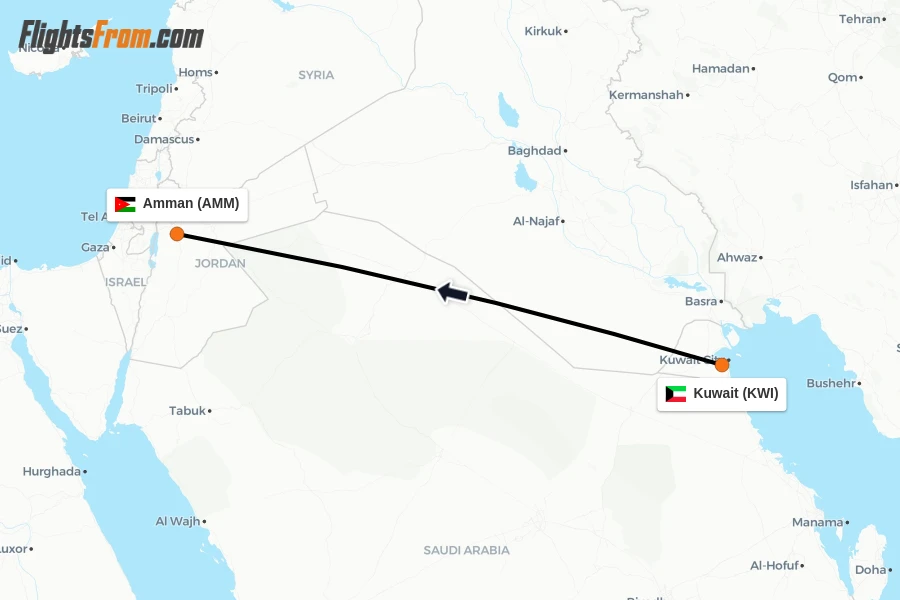 Flights from Kuwait to Amman route map