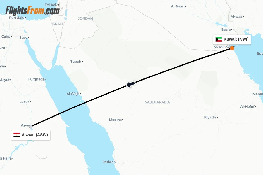 Flights from Kuwait to Aswan route map