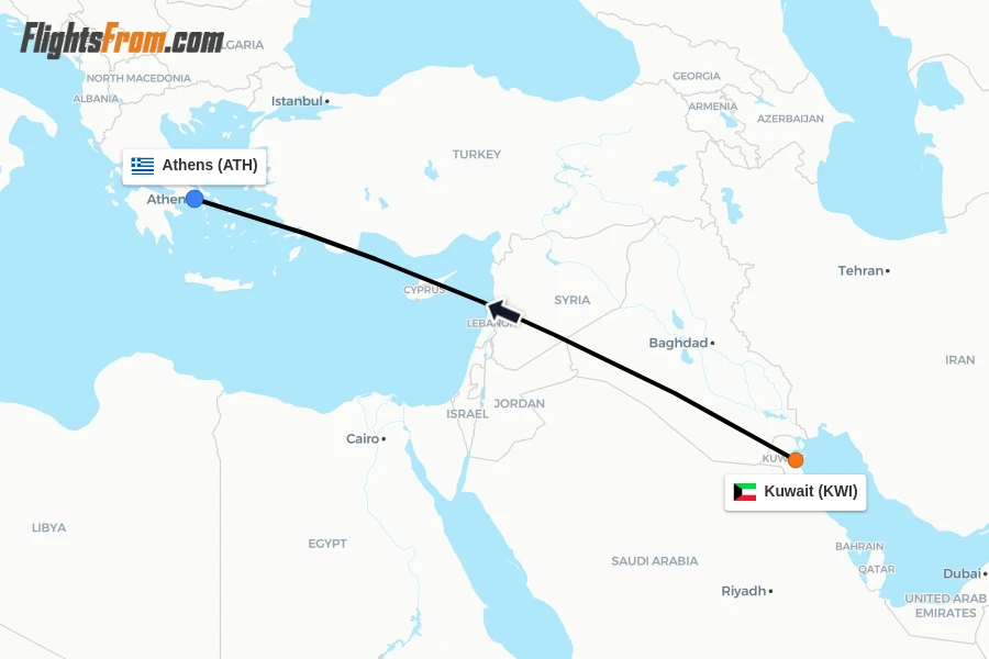 Flights from Kuwait to Athens route map