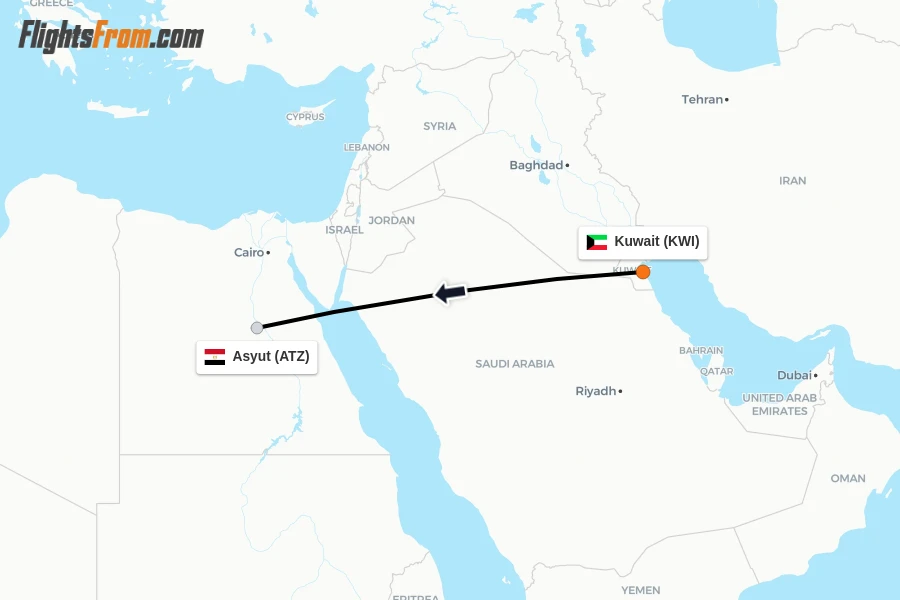 Flights from Kuwait to Asyut route map