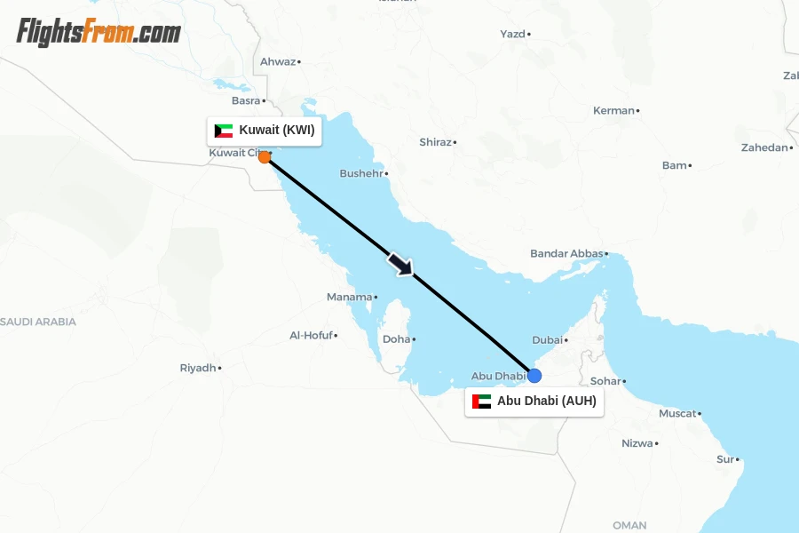 Flights from Kuwait to Abu Dhabi route map