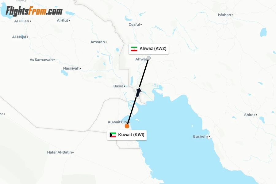 Flights from Kuwait to Ahwaz route map