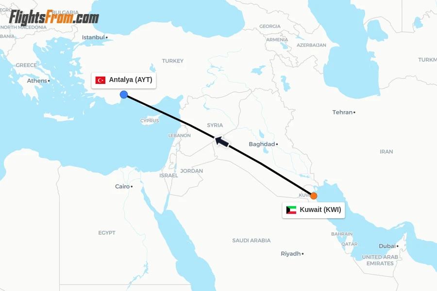 Flights from Kuwait to Antalya route map