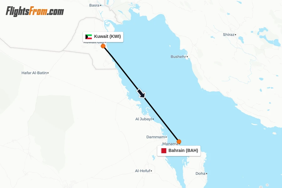Flights from Kuwait to Bahrain route map