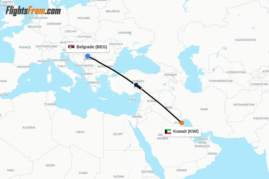 Flights from Kuwait to Belgrade route map