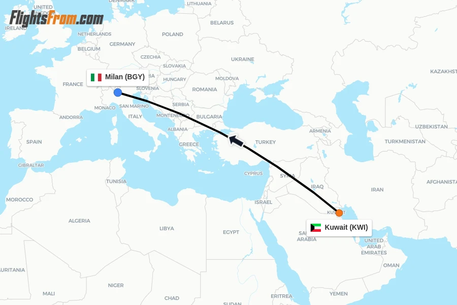 Flights from Kuwait to Milan route map