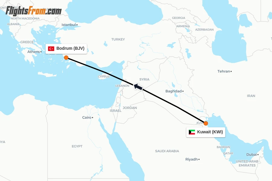 Flights from Kuwait to Bodrum route map