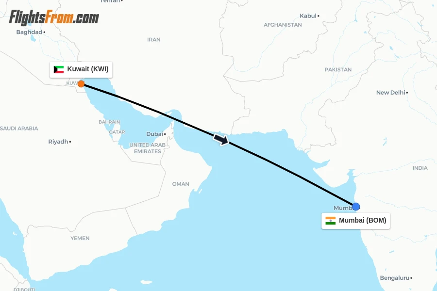 Flights from Kuwait to Mumbai route map