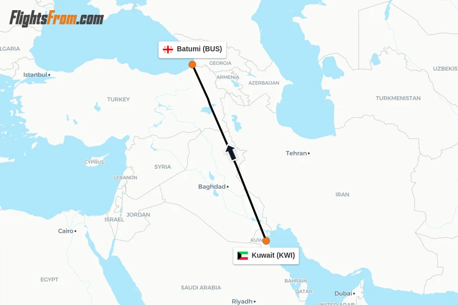 Flights from Kuwait to Batumi route map