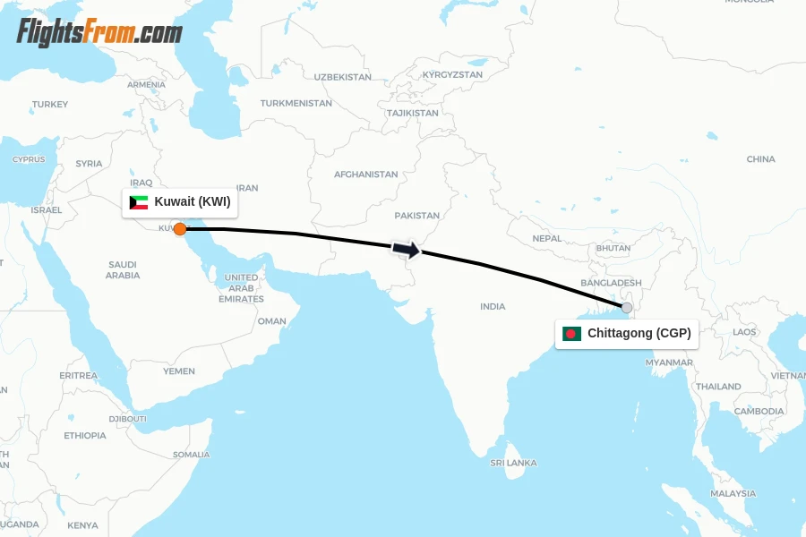 Flights from Kuwait to Chittagong route map