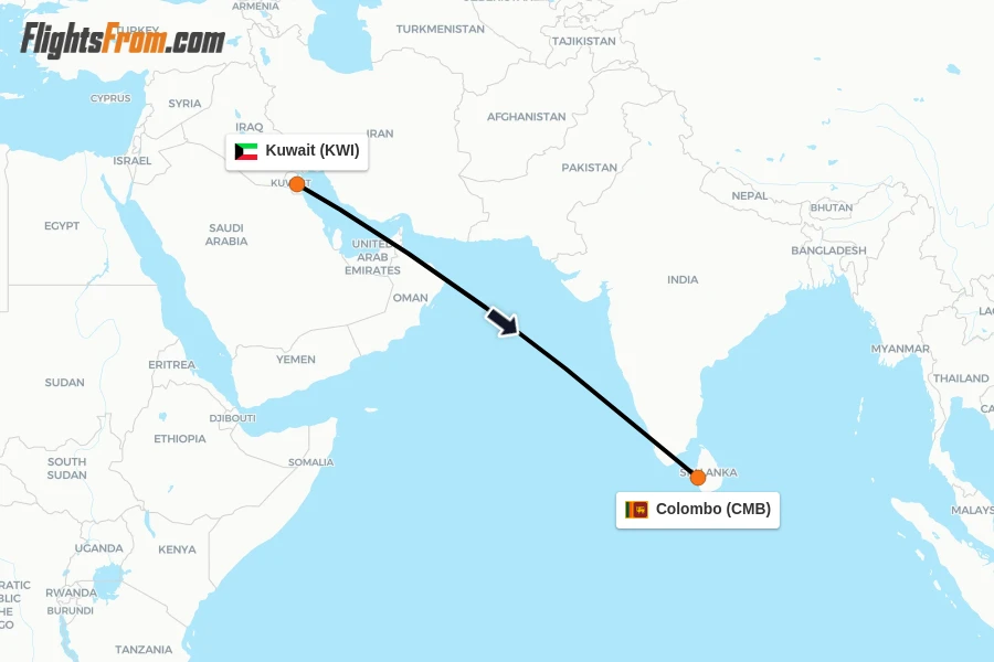 Flights from Kuwait to Colombo route map