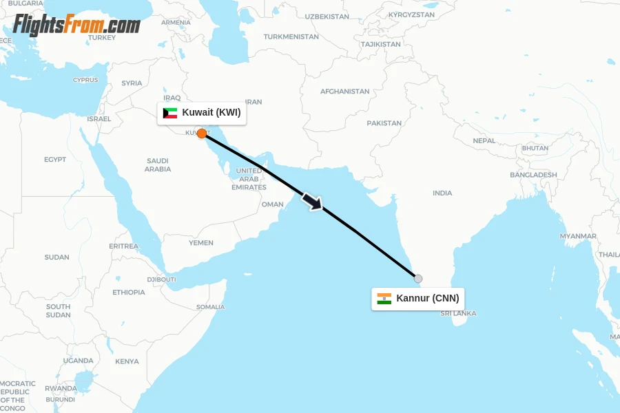 Flights from Kuwait to Kannur route map