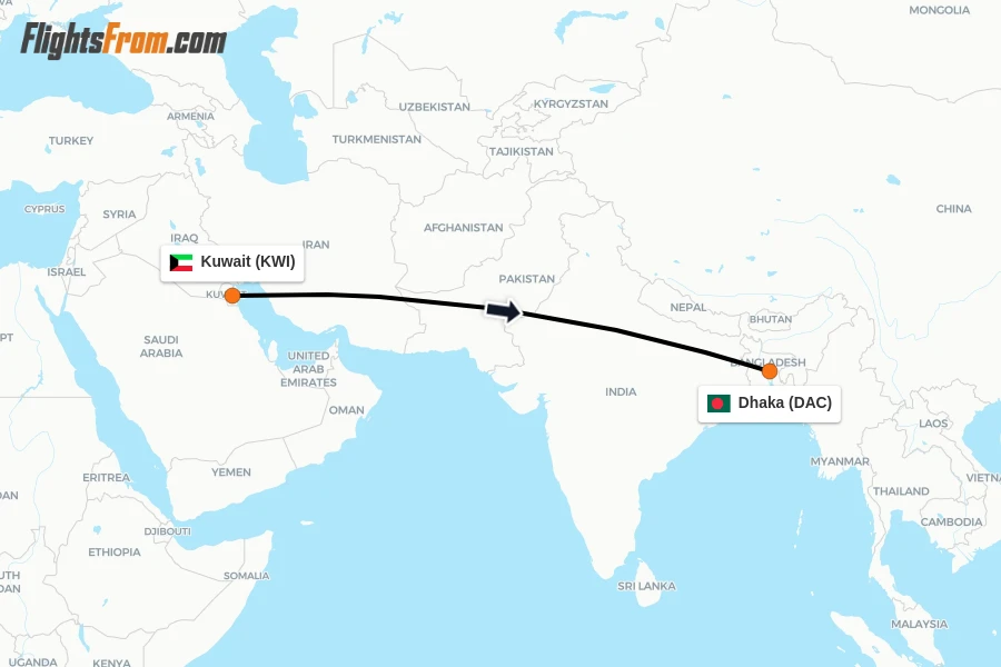 Flights from Kuwait to Dhaka route map