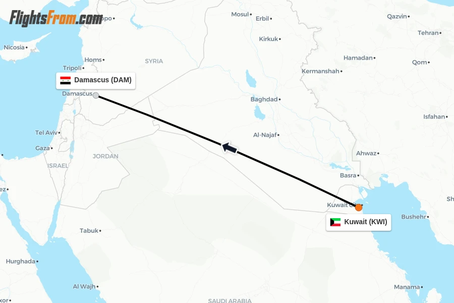 Flights from Kuwait to Damascus route map
