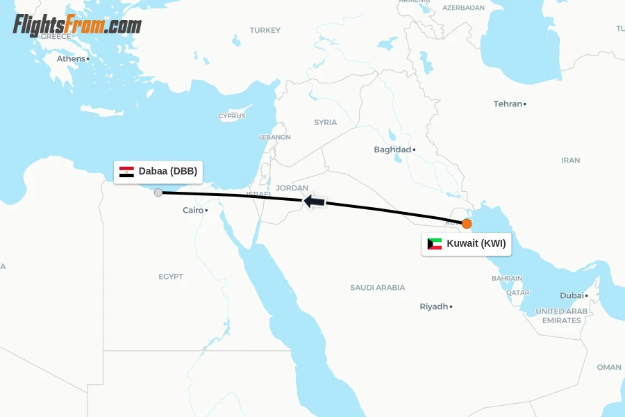 Flights from Kuwait to Dabaa route map
