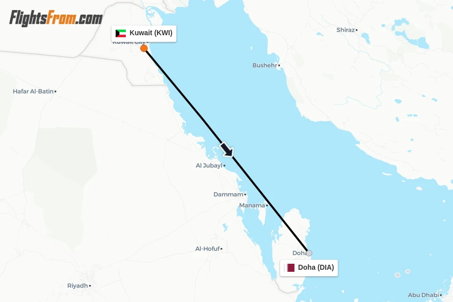 Flights from Kuwait to Doha route map